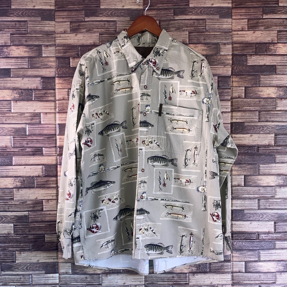 Mens Vintage North River Tan Fish Button Down XL